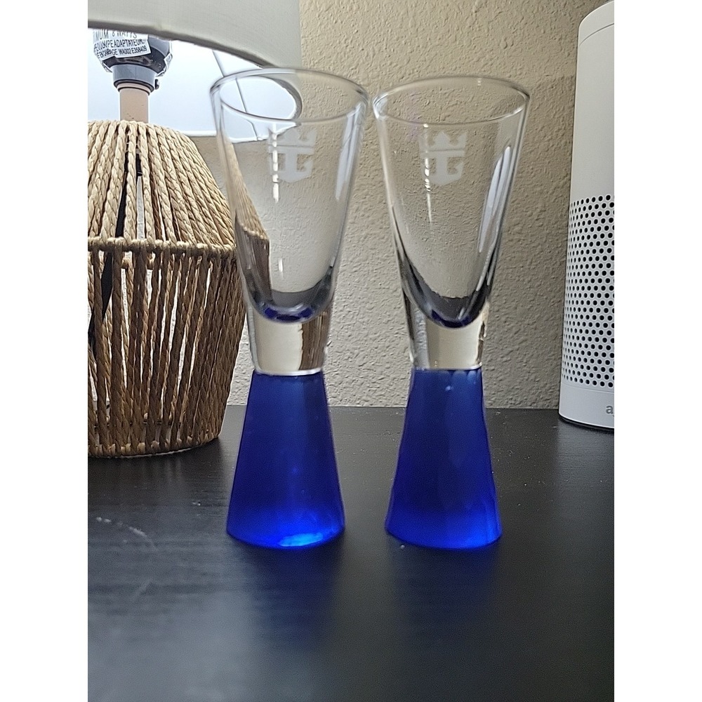Vtg Royal Caribbean Shot Glasses 2 Cobalt Blue Tall Pedestal Artland Prescott
